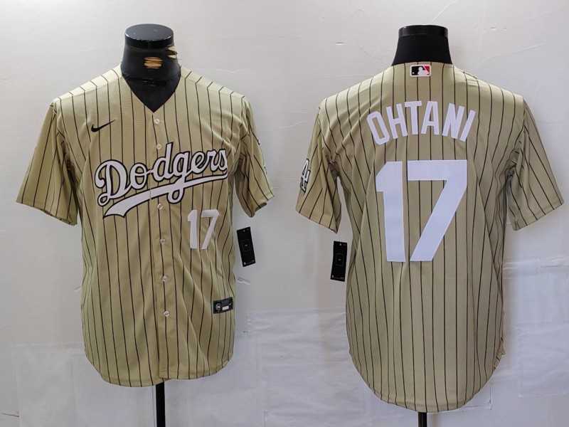Men%27s Los Angeles Dodgers #17 Shohei Ohtani Number Cream Pinstripe Cool Base Stitched Jersey